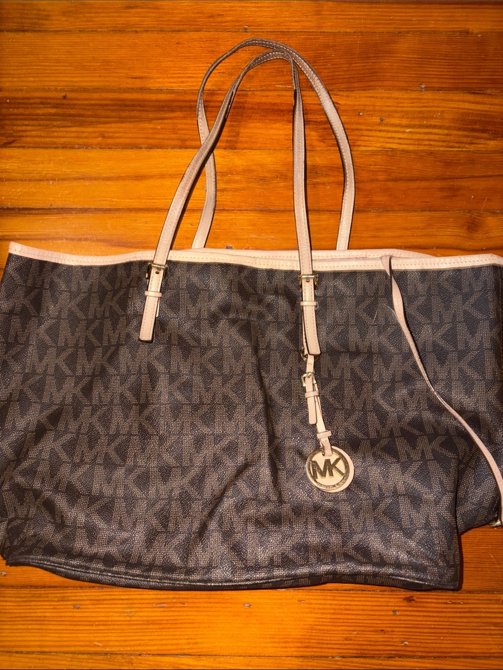 Michael Kors Brown Logo Tote with Pale Pink Trim and MK Charm